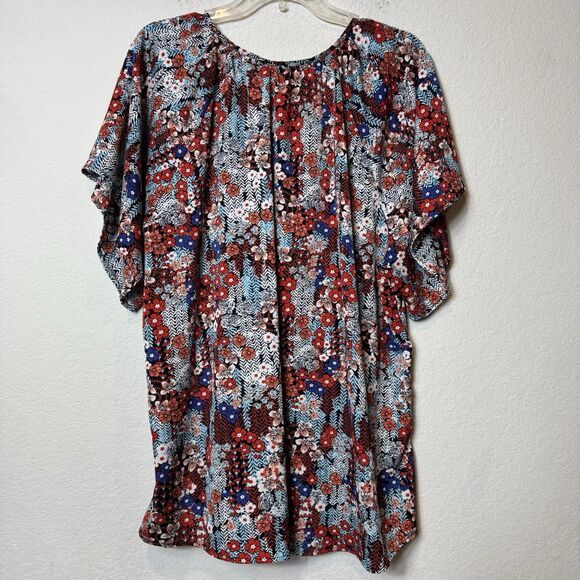 Women’s Plus Size Red White Blue Floral Blouse Tie Front Boho Flutter Sleeves 3X - Picture 5 of 6